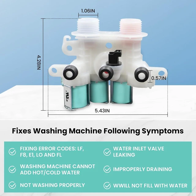 Alt view image 5 of 7 - W11096268 W11220230 Water Inlet Valve Compatible with whirl-pool ken-more Washing Machine Replaces W10632527 W10758829 W10853296 W11096268 etc (120V 60Hz)