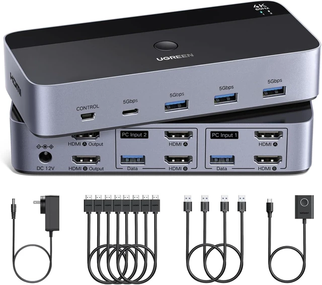 Main image of UGREEN HDMI KVM Switch 2 Monitors 2 Computers 4K@60Hz, with 4 USB 3.0 Ports,for 2 Computers Sharing 2 Monitors Keyboard Mouse Printer Webcam, with 4 HDMI + 2 USB Cables, Power Adapter and Controller