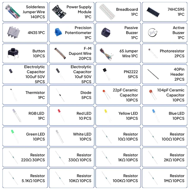 Alt view image 5 of 6 - Upgraded Electronics Fun Kit w/Power Supply Compatible with Arduino,PDF Tutorials, Power Supply Module, Jumper Wire, Precision Potentiometer, 830 tie-Points Breadboard, 300+ Components