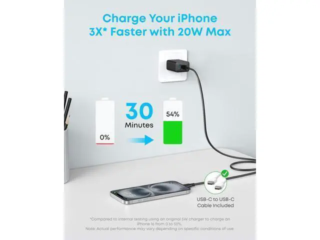 Alt view image 4 of 7 - iPhone 17/16 Charger 2-Pack 20W Fast USB C Charger Block for iPhone 16/16 Pro Max/15 Series/iPad Pro and More (Black 2 Pack & 2 Cable)
