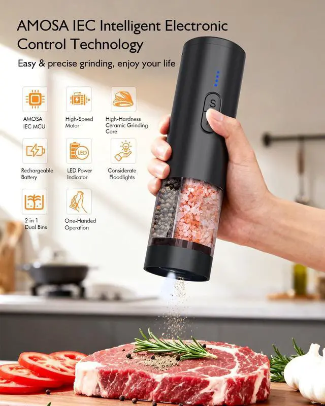 Alt view image 2 of 7 - Electric Salt and Pepper Grinder Set, 2 in 1 Dual Bins USB Rechargeable Refillable Automatic Salt and Pepper Mill Shaker with LED Light, Dual Ceramic Grinder Adjustable Coarseness, kitchen gift, Black
