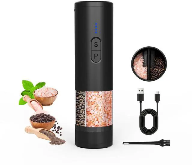 Main image of Electric Salt and Pepper Grinder Set, 2 in 1 Dual Bins USB Rechargeable Refillable Automatic Salt and Pepper Mill Shaker with LED Light, Dual Ceramic Grinder Adjustable Coarseness, kitchen gift, Black
