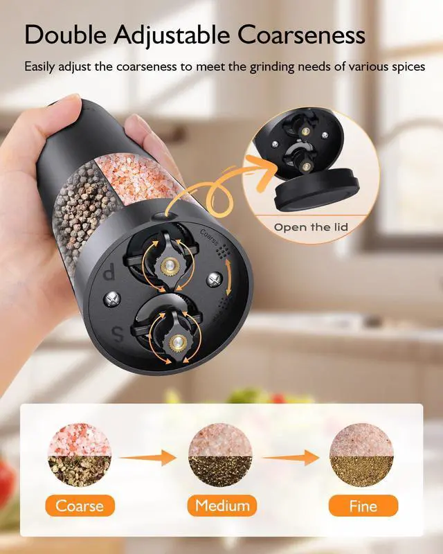 Alt view image 3 of 7 - Electric Salt and Pepper Grinder Set, 2 in 1 Dual Bins USB Rechargeable Refillable Automatic Salt and Pepper Mill Shaker with LED Light, Dual Ceramic Grinder Adjustable Coarseness, kitchen gift, Black