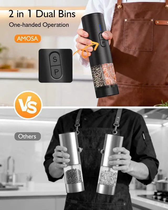 Alt view image 4 of 7 - Electric Salt and Pepper Grinder Set, 2 in 1 Dual Bins USB Rechargeable Refillable Automatic Salt and Pepper Mill Shaker with LED Light, Dual Ceramic Grinder Adjustable Coarseness, kitchen gift, Black