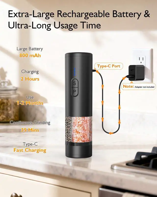 Alt view image 5 of 7 - Electric Salt and Pepper Grinder Set, 2 in 1 Dual Bins USB Rechargeable Refillable Automatic Salt and Pepper Mill Shaker with LED Light, Dual Ceramic Grinder Adjustable Coarseness, kitchen gift, Black