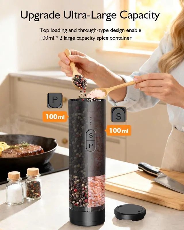 Alt view image 6 of 7 - Electric Salt and Pepper Grinder Set, 2 in 1 Dual Bins USB Rechargeable Refillable Automatic Salt and Pepper Mill Shaker with LED Light, Dual Ceramic Grinder Adjustable Coarseness, kitchen gift, Black