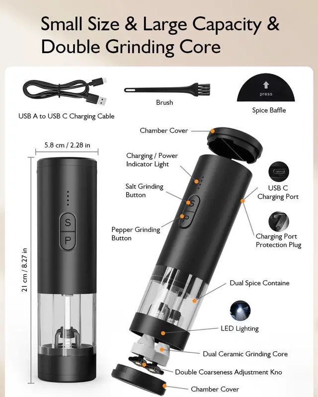 Alt view image 7 of 7 - Electric Salt and Pepper Grinder Set, 2 in 1 Dual Bins USB Rechargeable Refillable Automatic Salt and Pepper Mill Shaker with LED Light, Dual Ceramic Grinder Adjustable Coarseness, kitchen gift, Black