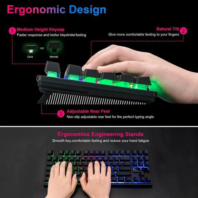 Alt view image 6 of 7 - Wireless LED Keyboard, Rechargeable 87 Key RGB LED Backlit Wireless Keyboard, Ergonomic Light up Gaming Keyboard Wireless compatibility with PC PS4 PS5 Xbox One Laptop, Teclado inalámbrico, Black