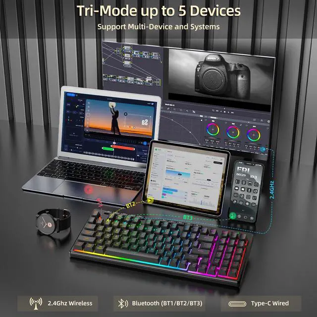 Alt view image 3 of 7 - K517 Pro Wireless Gaming Keyboard, RGB Backlit, Tri-Mode BT/2.4GHz/USB-C, Mechanical Feel 94 Keys Computer Keyboard with 4 Macro Keys, Number Pad, 4000mAh Battery for Win/MAC