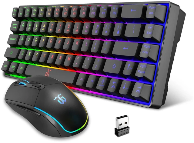 Main image of 60% Wireless Gaming Keyboard and Mouse Combo, Black | LED Backlit Rechargeable 2000mAh Battery, Small Membrane Gaming Keyboard + Popular RGB Mice for Gaming, Business Office