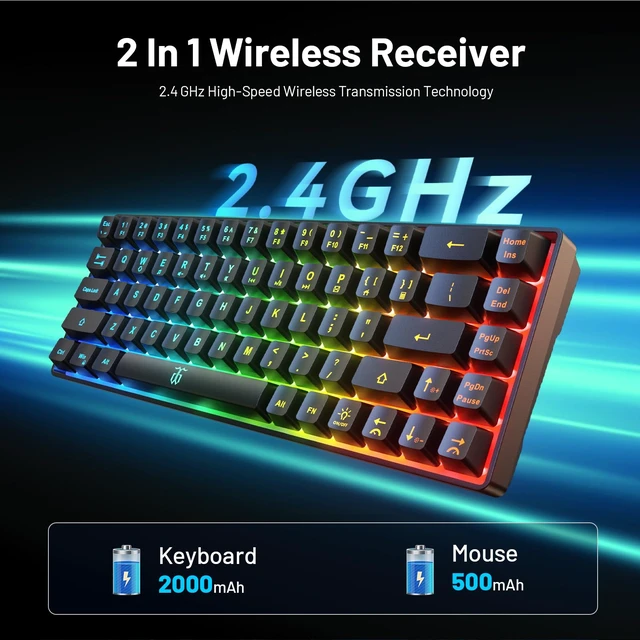 Alt view image 2 of 7 - 60% Wireless Gaming Keyboard and Mouse Combo, Black | LED Backlit Rechargeable 2000mAh Battery, Small Membrane Gaming Keyboard + Popular RGB Mice for Gaming, Business Office