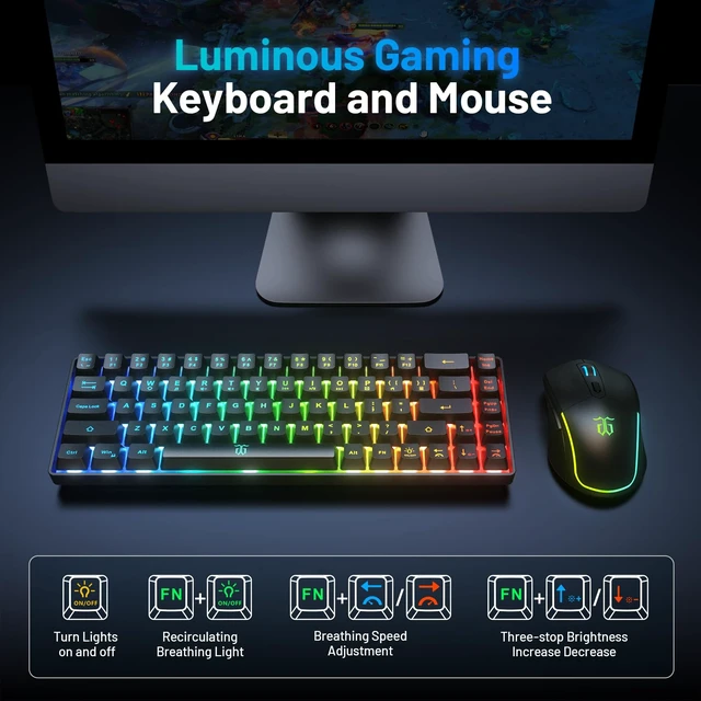 Alt view image 3 of 7 - 60% Wireless Gaming Keyboard and Mouse Combo, Black | LED Backlit Rechargeable 2000mAh Battery, Small Membrane Gaming Keyboard + Popular RGB Mice for Gaming, Business Office
