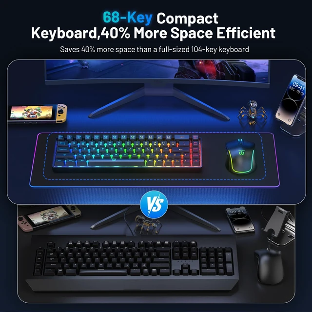 Alt view image 4 of 7 - 60% Wireless Gaming Keyboard and Mouse Combo, Black | LED Backlit Rechargeable 2000mAh Battery, Small Membrane Gaming Keyboard + Popular RGB Mice for Gaming, Business Office