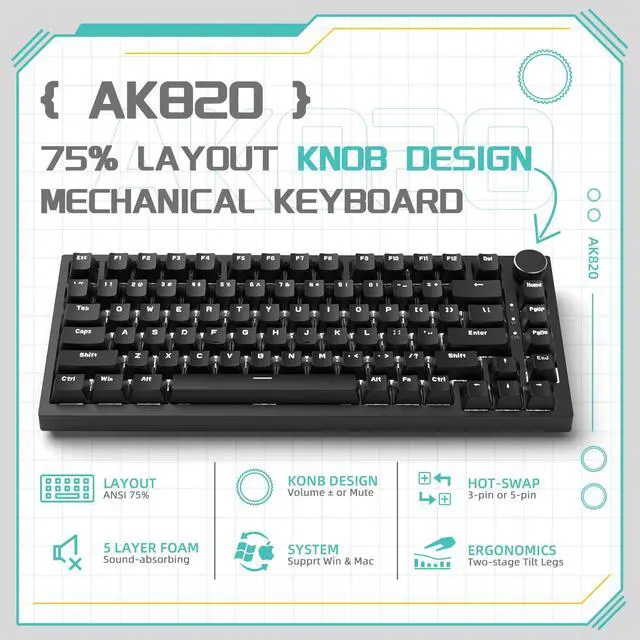 Alt view image 2 of 7 - Attack Shark ajazz AK820 Mechanical Gaming Keyboard with Knob 75% Keyboard Hot Swappable Type-C Wired Gasket 5-Layer Noise Absorbing Foam White LED Backlit NKRO Linear Red Switch for PC/Win/Mac-Black