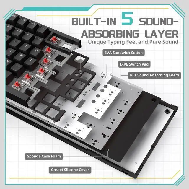 Alt view image 4 of 7 - Attack Shark ajazz AK820 Mechanical Gaming Keyboard with Knob 75% Keyboard Hot Swappable Type-C Wired Gasket 5-Layer Noise Absorbing Foam White LED Backlit NKRO Linear Red Switch for PC/Win/Mac-Black