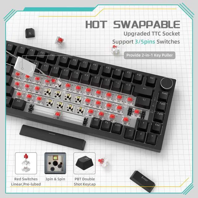 Alt view image 6 of 7 - Attack Shark ajazz AK820 Mechanical Gaming Keyboard with Knob 75% Keyboard Hot Swappable Type-C Wired Gasket 5-Layer Noise Absorbing Foam White LED Backlit NKRO Linear Red Switch for PC/Win/Mac-Black