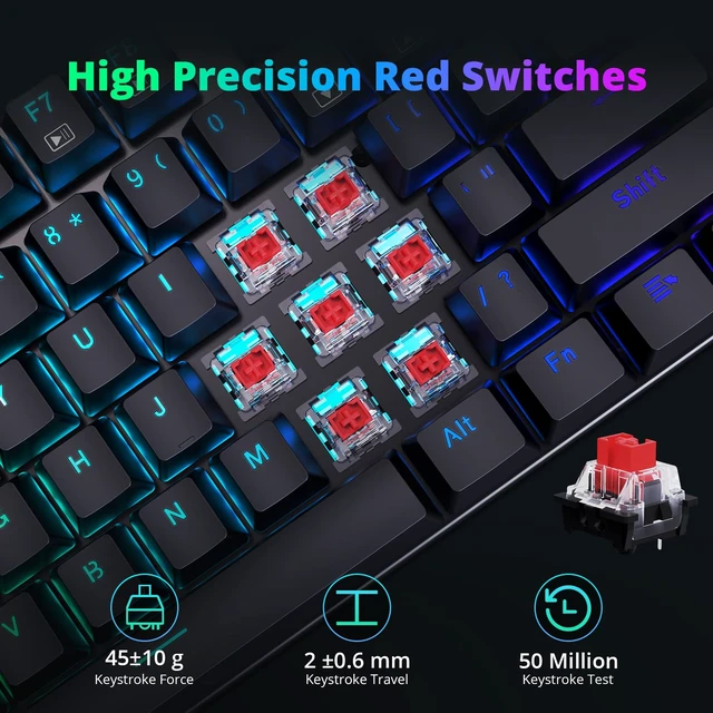 Alt view image 2 of 7 - Mechanical Gaming Keyboard with Red Switches, Wired Keyboard Mechanical with RGB Backlit, Fully Progammable, Durable Aluminum Frame, Anti-Ghosting for PC Windows Mac, K565, Black