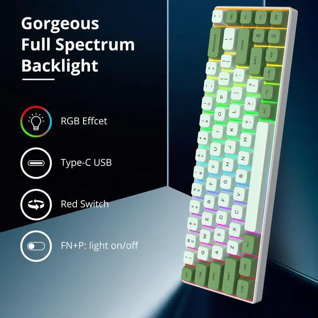 Alt view image 3 of 7 - Owpkeenthy Wired 65% Percent Mechanical Gaming Keyboard Creamy Keycaps with Red Switch Ultra Compact RGB 60% Cute Green Gaming Keyboard N-Key Rollover for PC Gamer (Matcha/68 Red Switch)
