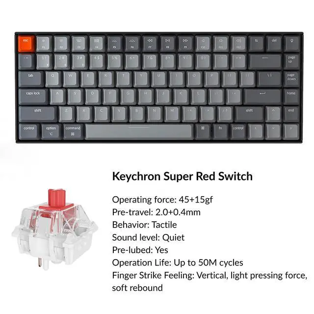 Alt view image 6 of 7 - Keychron K2 75% Layout Bluetooth Mechanical Keyboard Super Red Switch/White LED Backlit/Anti Ghosting/N-Key Rollover/84 Key USB C Wired Computer Keyboard for Mac Windows-Version 2