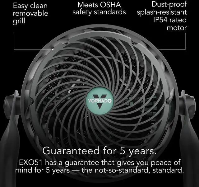 Alt view image 2 of 6 - EXO51 Small Heavy Duty Air Circulator, 3-Speed High Velocity Shop Fan, Dustproof and Water-Resistant, Powerful Motor, Industrial High Impact Case, Whole Room Air Circulator, Green