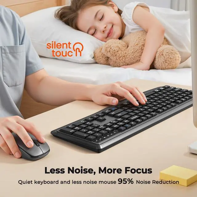 Alt view image 3 of 6 - Wireless Keyboard and Mouse Combo, 2.4G/Bluetooth Silent Full-Size Cordless Keyboard Mouse Combo, 3800 DPI Optical Mouse, Wrist Rest, Portable Keyboard Mouse Set for Mac, Windows, PC