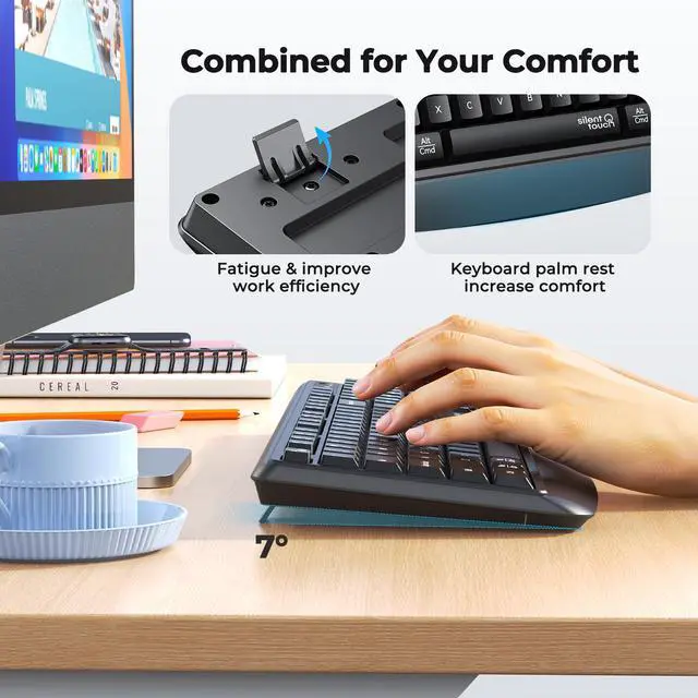 Alt view image 6 of 6 - Wireless Keyboard and Mouse Combo, 2.4G/Bluetooth Silent Full-Size Cordless Keyboard Mouse Combo, 3800 DPI Optical Mouse, Wrist Rest, Portable Keyboard Mouse Set for Mac, Windows, PC