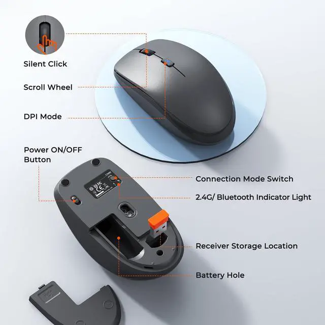 Alt view image 7 of 7 - Wireless Keyboard and Mouse Combo, 2.4G/Bluetooth Silent Full-Size Cordless Keyboard Mouse Combo, 3800 DPI Optical Mouse, Wrist Rest, Portable Keyboard Mouse Set for Mac, Windows, Laptop