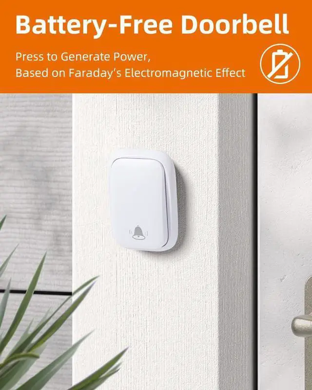 Alt view image 2 of 6 - KIMROG Battery-Free Wireless Doorbell,No Batteries Needed,Easy Installation,600 FT Range, 38 Chimes, Adjustable Volume,Waterproof for Classroom,Home,Office,Villa (White)