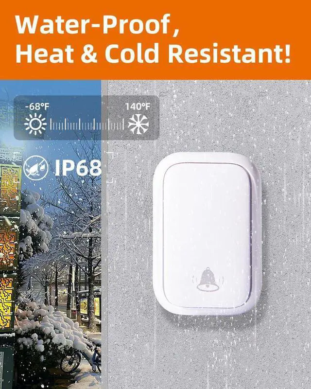 Alt view image 3 of 6 - KIMROG Battery-Free Wireless Doorbell,No Batteries Needed,Easy Installation,600 FT Range, 38 Chimes, Adjustable Volume,Waterproof for Classroom,Home,Office,Villa (White)