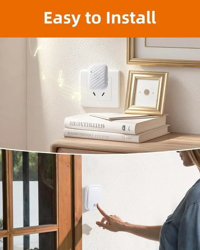 Alt view image 5 of 6 - KIMROG Battery-Free Wireless Doorbell,No Batteries Needed,Easy Installation,600 FT Range, 38 Chimes, Adjustable Volume,Waterproof for Classroom,Home,Office,Villa (White)