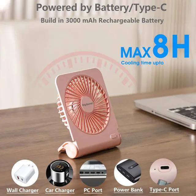 Alt view image 3 of 6 - Digibond Pink Mini Desk Fans Small Quiet, 3000mAH Rechargeable High Power USB Fan for Desk Top/Office/Bedroom 4 Speed 5in 225° Rotated Foldable Easy Clean