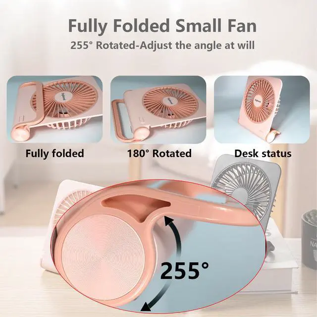 Alt view image 4 of 6 - Digibond Pink Mini Desk Fans Small Quiet, 3000mAH Rechargeable High Power USB Fan for Desk Top/Office/Bedroom 4 Speed 5in 225° Rotated Foldable Easy Clean