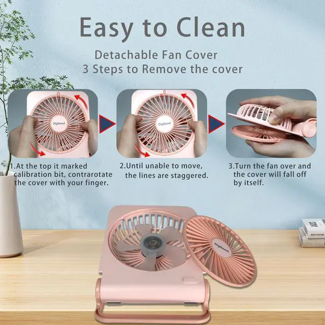 Alt view image 5 of 6 - Digibond Pink Mini Desk Fans Small Quiet, 3000mAH Rechargeable High Power USB Fan for Desk Top/Office/Bedroom 4 Speed 5in 225° Rotated Foldable Easy Clean