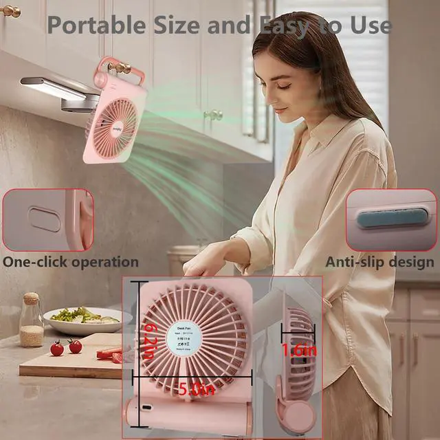 Alt view image 6 of 6 - Digibond Pink Mini Desk Fans Small Quiet, 3000mAH Rechargeable High Power USB Fan for Desk Top/Office/Bedroom 4 Speed 5in 225° Rotated Foldable Easy Clean