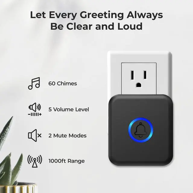Alt view image 2 of 7 - Wireless Doorbell, Waterproof Door Bell with 60 Chimes, 5 Volume Levels & 2 Mute Modes, Loud Doorbells Wireless for Home Classroom Office (1 Receiver & 1 Button, Black, American Plug)