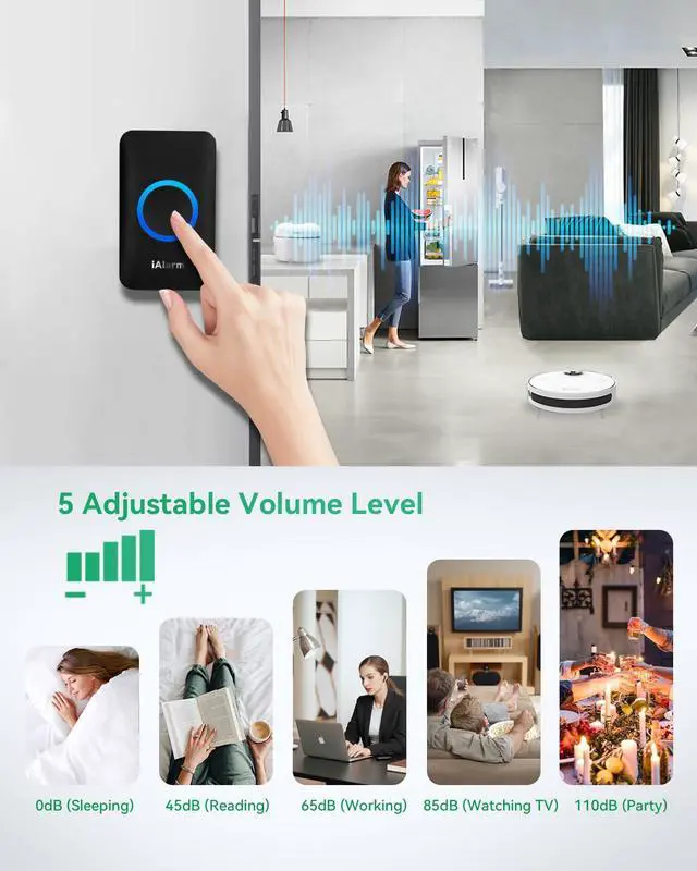 Alt view image 5 of 7 - iAlarm Doorbell, Wireless Doorbell Chime Kit with 60 Chimes, 5 Adjustable Volume, 1,000ft/300m Operating, with Sound LED Flash Door Bell for Home, Waterproof, Black