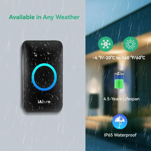 Alt view image 4 of 7 - iAlarm Doorbell, Wireless Doorbell Chime Kit with 60 Chimes, 5 Adjustable Volume, 1,000ft/300m Operating, with Sound LED Flash Door Bell for Home, Waterproof, Black