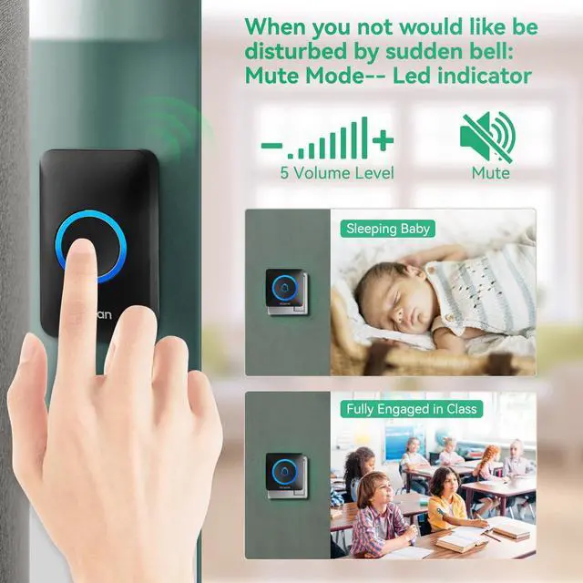 Alt view image 6 of 7 - iAlarm Doorbell, Wireless Doorbell Chime Kit with 60 Chimes, 5 Adjustable Volume, 1,000ft/300m Operating, with Sound LED Flash Door Bell for Home, Waterproof, Black