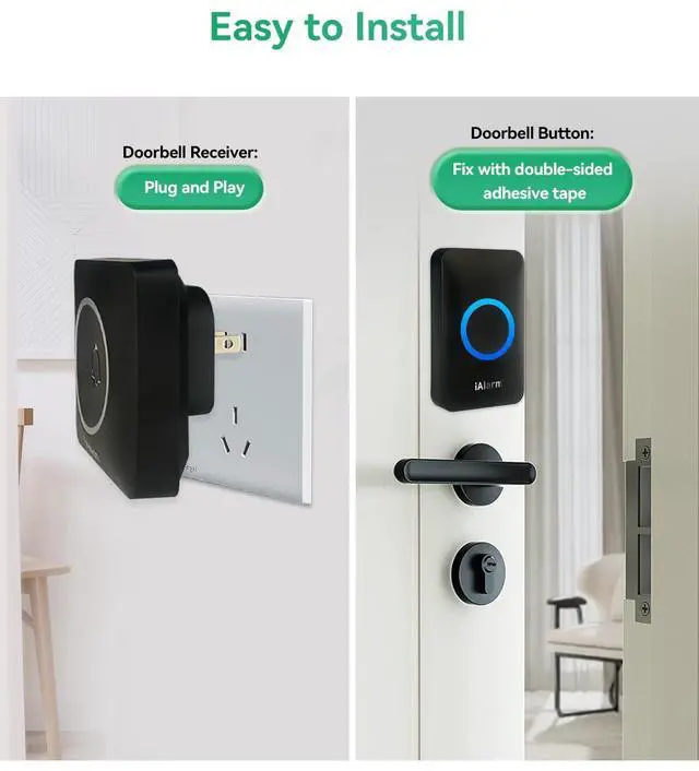 Alt view image 7 of 7 - iAlarm Doorbell, Wireless Doorbell Chime Kit with 60 Chimes, 5 Adjustable Volume, 1,000ft/300m Operating, with Sound LED Flash Door Bell for Home, Waterproof, Black