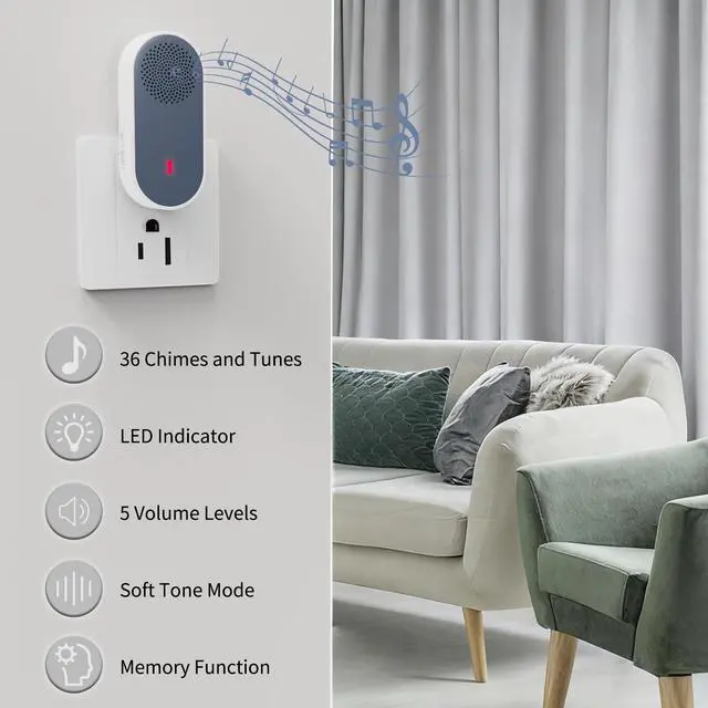 Alt view image 6 of 7 - Wireless Doorbell for Home Plug and Play 115dB Battery Door Bell for Classroom Easy to Install with 36 Chimes & 5 Volume Levels Loud Enough LED Flashing for Kids Room Office Battery Operated