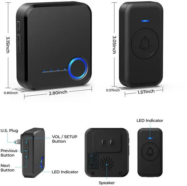 Alt view image 7 of 7 - FOVKSUC Wireless Doorbell, Waterproof Door Bell with 60 Chimes, 5 Levels Volume and LED Flash, 1000ft Long Range Classroom Doorbell for Home Office Hospital (2 Receiver & 1 Button, Black)