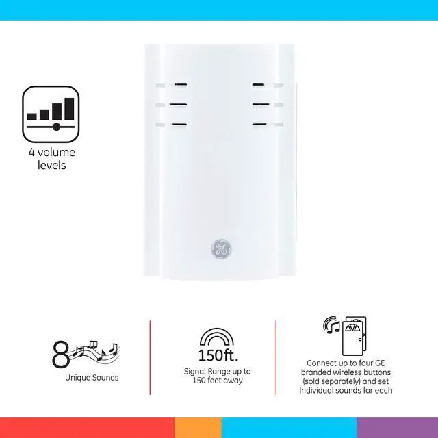 Alt view image 2 of 6 - GE Wireless Doorbell Kit, Plug-In Receiver, 2 Push Buttons Door Bell, 8 Melodies Doorbell Chime, 4 Volume Levels, Classroom Doorbell, 150 Ft Range, White, 19300