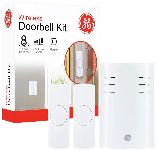 Main image of GE Wireless Doorbell Kit, Plug-In Receiver, 2 Push Buttons Door Bell, 8 Melodies Doorbell Chime, 4 Volume Levels, Classroom Doorbell, 150 Ft Range, White, 19300