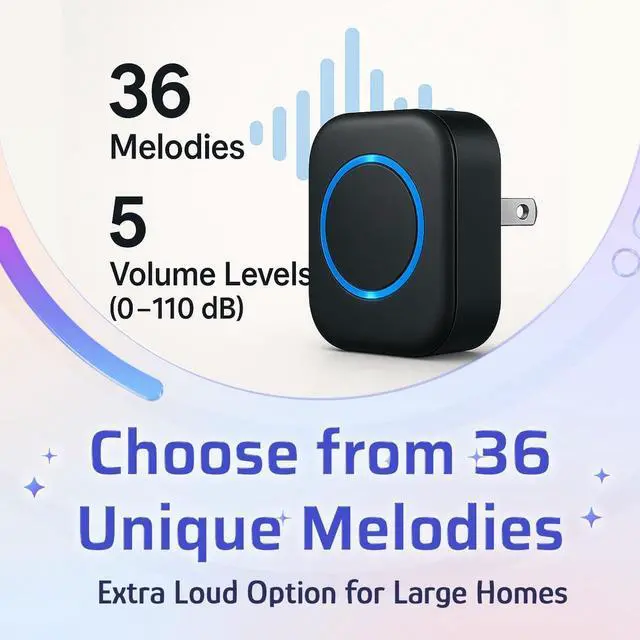 Alt view image 5 of 7 - Wireless Plug-in Doorbell Kit, 1 Receiver & 2 Waterproof Transmitters, 110dB Loud Chime with 36 Melodies, Long Range Cordless Door Bell for Home, Front Door & Entryway