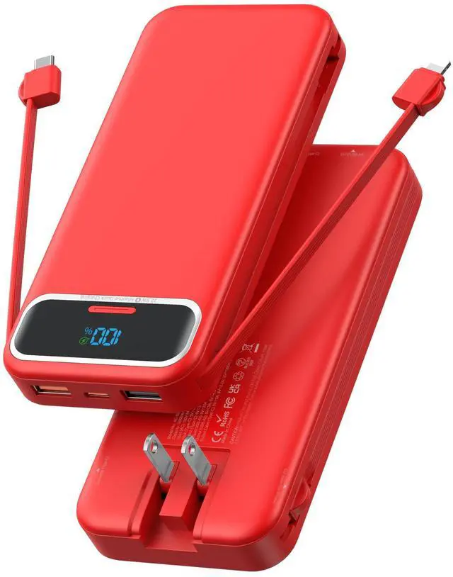 Main image of Portable Charger, 12000mAh 22.5W Fast Charging Power Bank with Built-in Cables & Wall Plug, USB C External Battery Pack with LED Display, Travel Essential Charging Bank for iPhone, iPad, Samsung Red