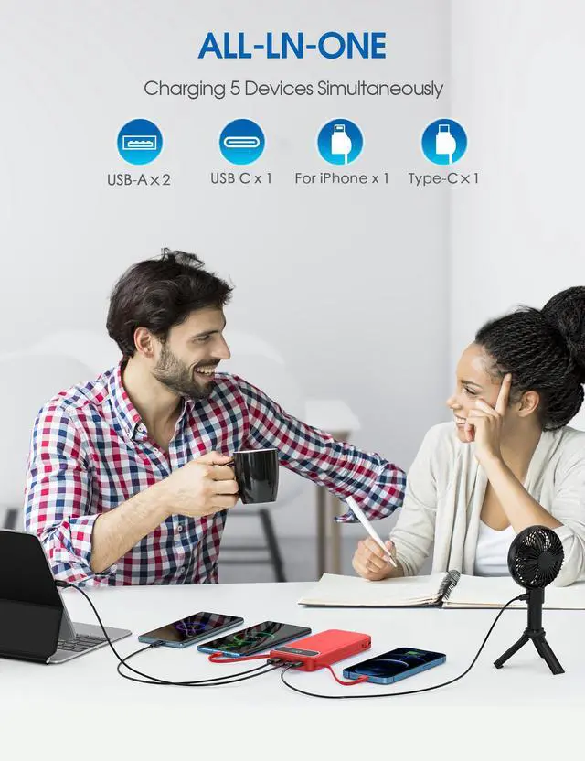 Alt view image 6 of 7 - Portable Charger, 12000mAh 22.5W Fast Charging Power Bank with Built-in Cables & Wall Plug, USB C External Battery Pack with LED Display, Travel Essential Charging Bank for iPhone, iPad, Samsung Red