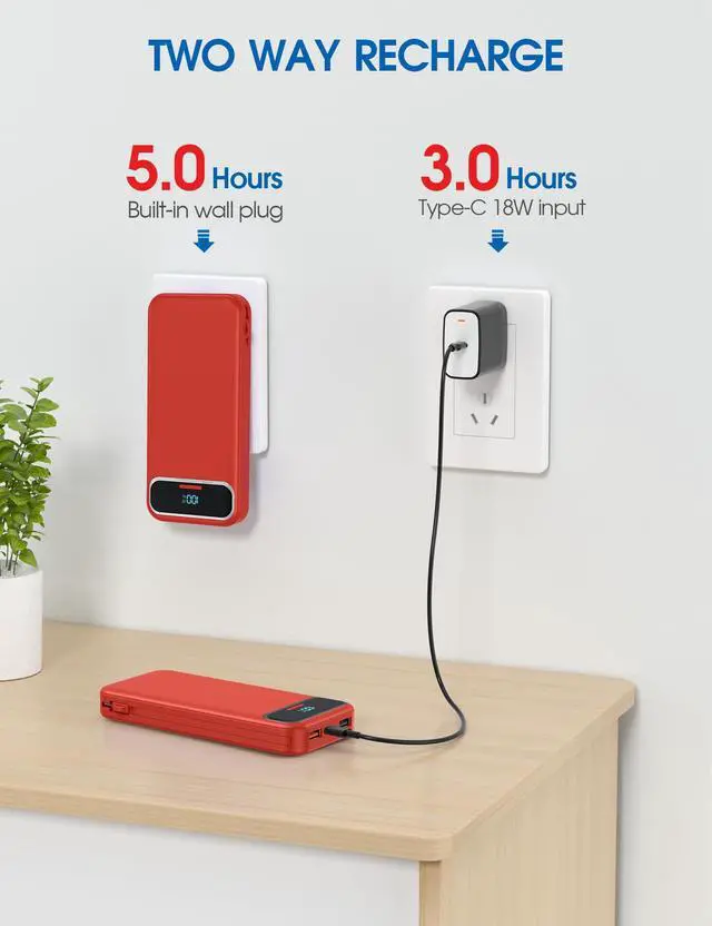 Alt view image 7 of 7 - Portable Charger, 12000mAh 22.5W Fast Charging Power Bank with Built-in Cables & Wall Plug, USB C External Battery Pack with LED Display, Travel Essential Charging Bank for iPhone, iPad, Samsung Red