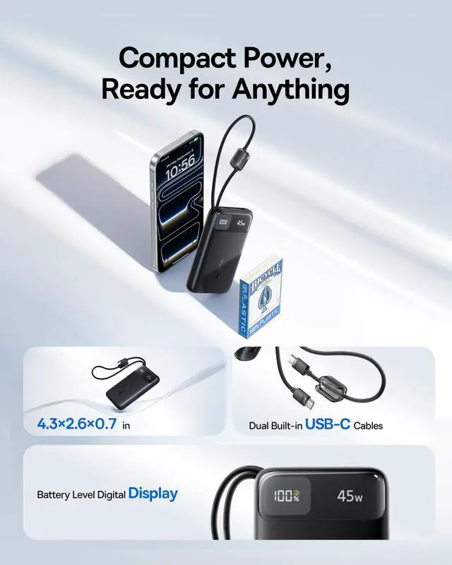 Alt view image 2 of 7 - 45W Ultra Slim 10000mAh Power Bank Built-in USB-C Cables, CCC Certified Portable Charger, Travel Essential Fast Charging Pocket Size Phone Battery Pack for iPhone 17 16 Samsung S25 S24 iPad