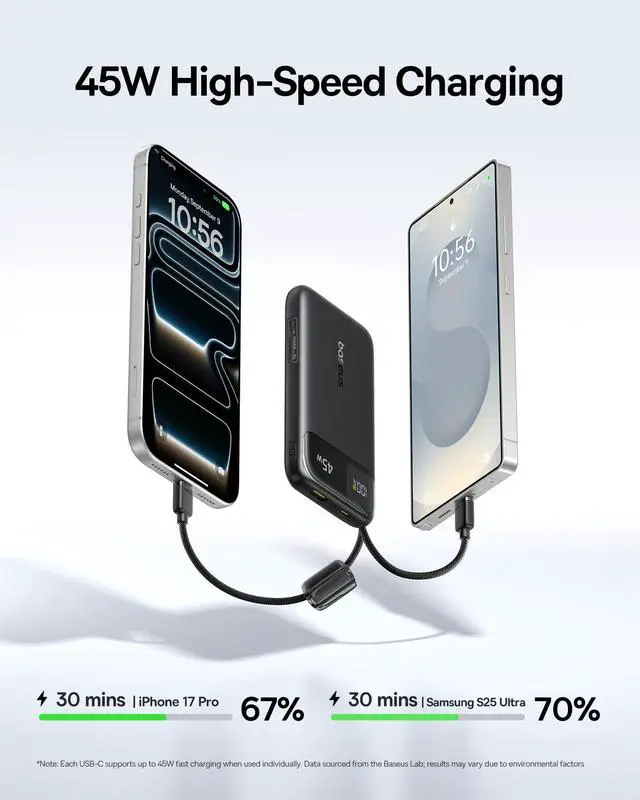 Alt view image 3 of 7 - 45W Ultra Slim 10000mAh Power Bank Built-in USB-C Cables, CCC Certified Portable Charger, Travel Essential Fast Charging Pocket Size Phone Battery Pack for iPhone 17 16 Samsung S25 S24 iPad