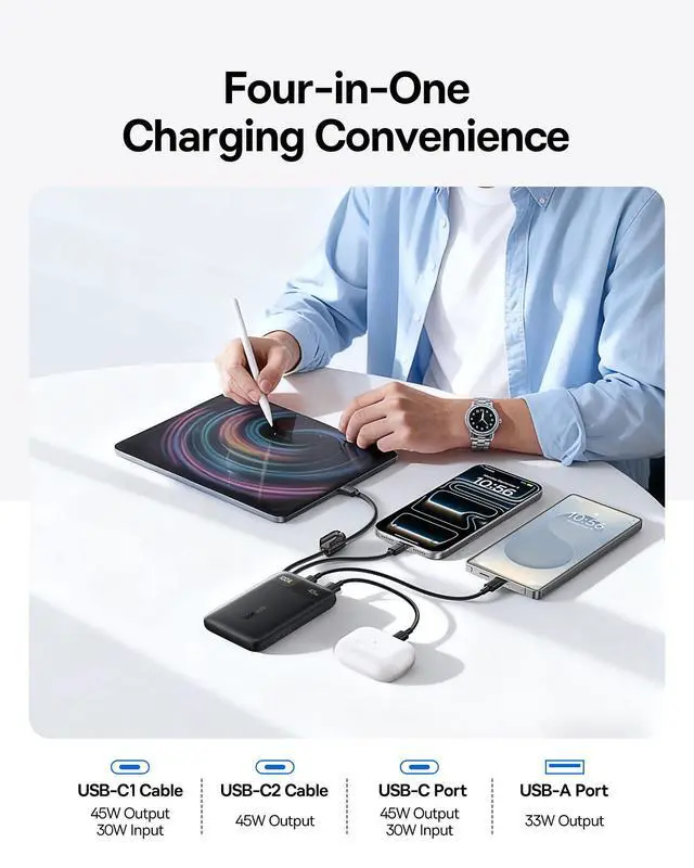 Alt view image 4 of 7 - 45W Ultra Slim 10000mAh Power Bank Built-in USB-C Cables, CCC Certified Portable Charger, Travel Essential Fast Charging Pocket Size Phone Battery Pack for iPhone 17 16 Samsung S25 S24 iPad